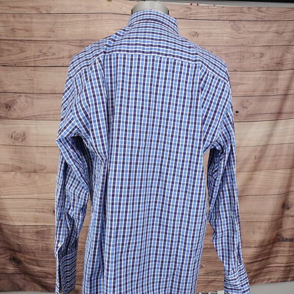 DAVID DONAHUE BLUE CHECK BUTTON UP DRESS SHIRT MENS 17.5 34/35 FRENCH CUFF - Picture 4 of 8